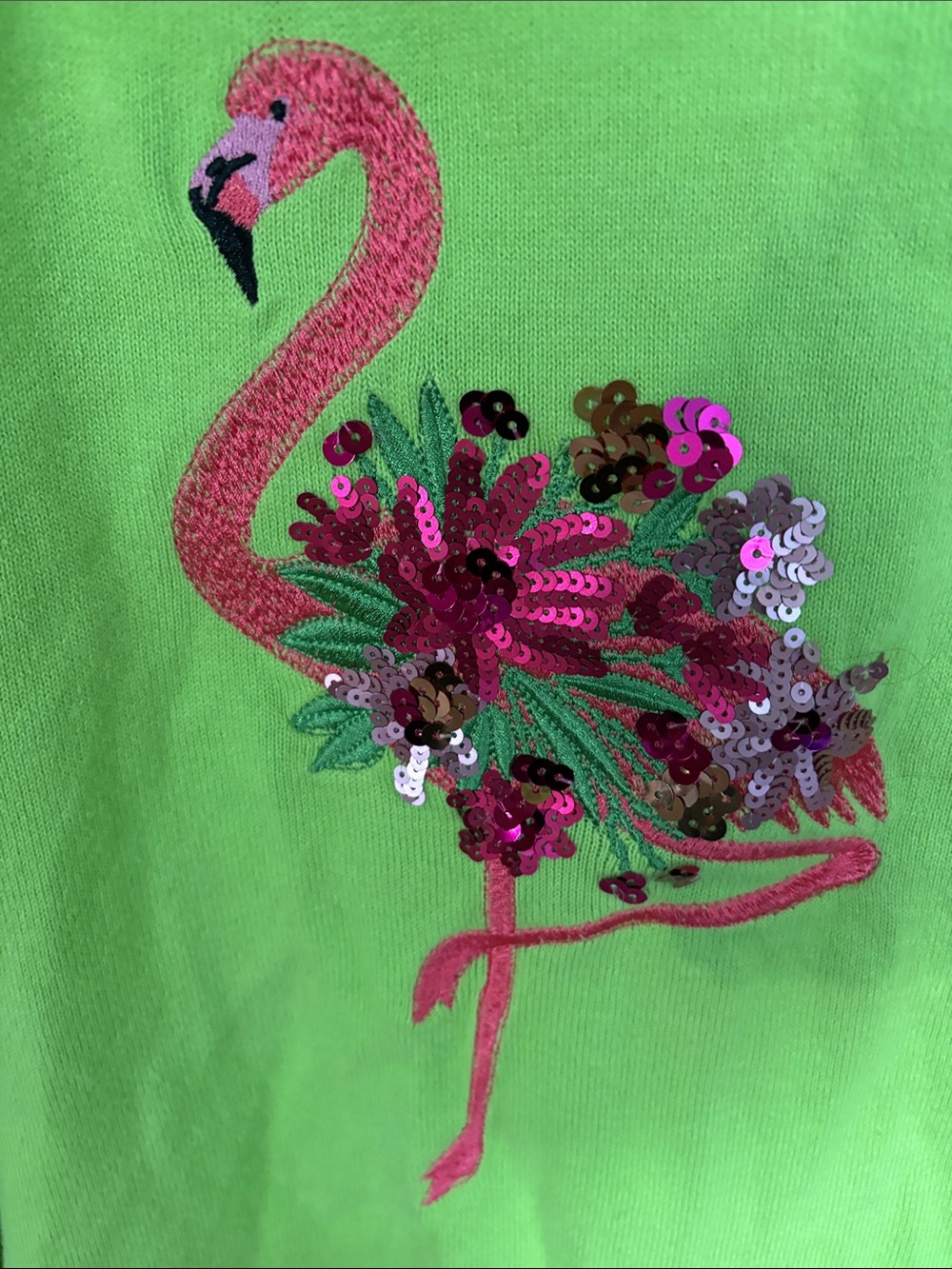 Lime Green Embroidered Flamingo Women's Sweater - Picture 2 of 2
